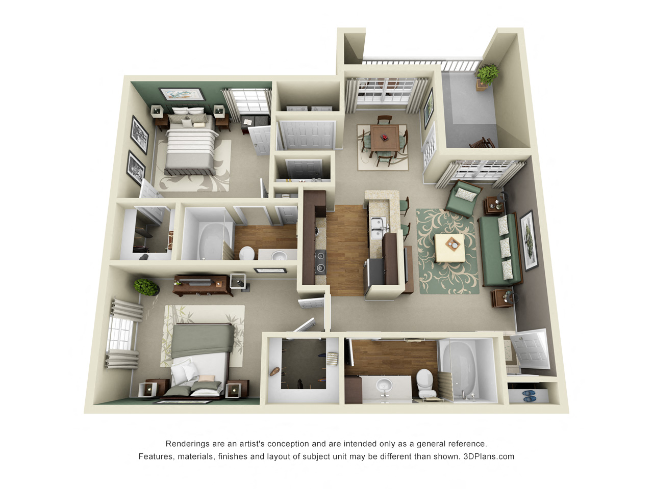 Floor plan for 2 beds, 2 baths, 1040 sqft